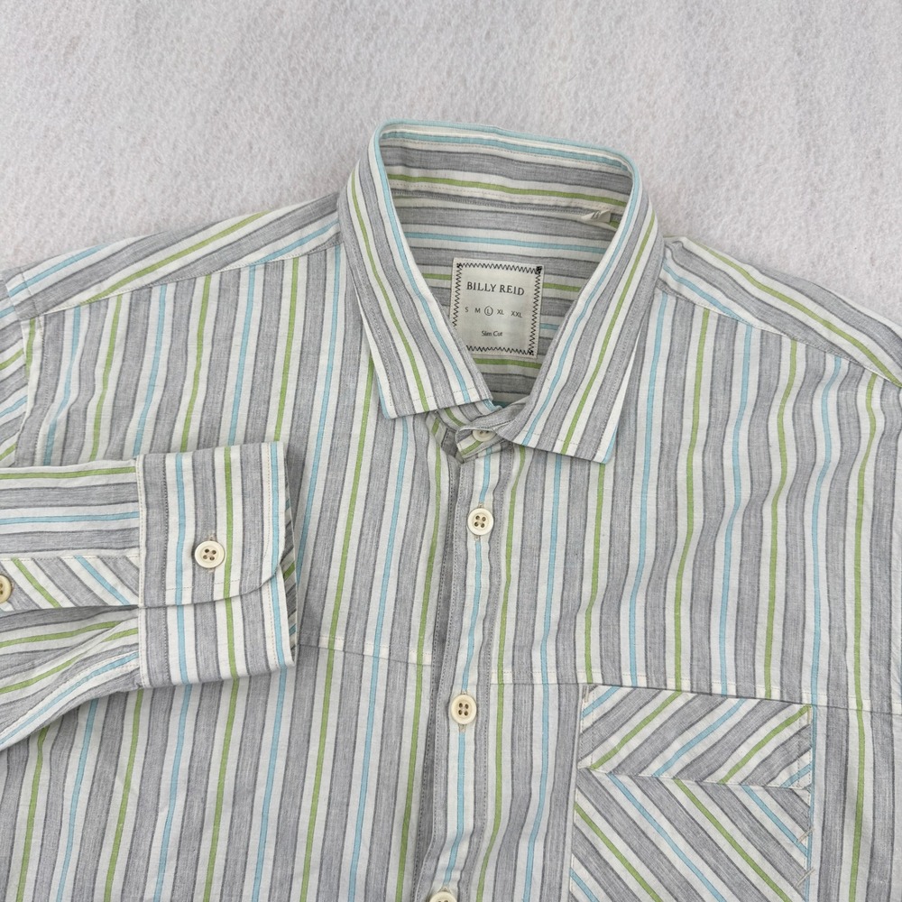 Billy Reid Slim Cut Cotton/Linen Blend Long Sleeve Button Down Mens L Gray/Green